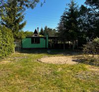 A garden in Lozorno with a cottage surrounded by greenery and trees under a blue sky.