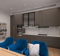 A kitchen in a 3-room apartment with dark cabinets, blue chairs, and wooden decor.