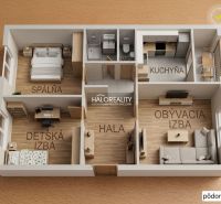 Floor plan of a 3-room apartment with a bedroom, children's room, and kitchen.