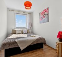 A bright bedroom with a bed, wood-patterned flooring, and a painting in a two-room apartment.