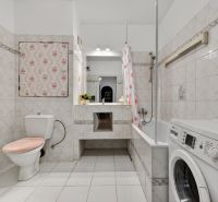 Bathroom in a 2-room apartment with a washing machine, bathtub, toilet, and sink with a floral cabinet.