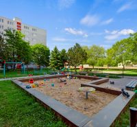 Playground with a sandbox near the apartment building on Vŕbová Street, Bratislava - Vrakuňa.