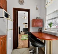 A kitchen in a 2-room apartment with a wooden decor kitchen unit and a bar counter.