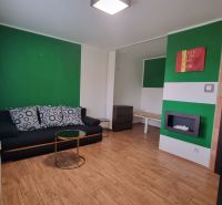 Living room with a sofa, green walls, wood-patterned flooring, and modern lighting.