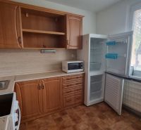 A kitchen in a studio apartment with wooden cabinets, a microwave, and an open refrigerator.