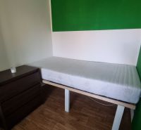 Simple furnishing of a studio apartment with a bed and a chest of drawers on a floor with a wooden decor.