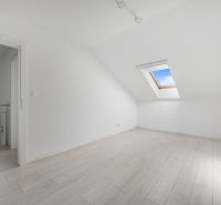 Attic room in a family house with a wooden decor floor and a skylight.