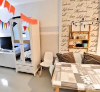 Storage cabinet, table with cushions, and decorative wall in a studio apartment.