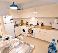 A kitchen in a studio apartment with a gas stove, washing machine, and dining table.