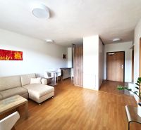 Living room in a two-room apartment with a wooden decor floor, beige sofa.