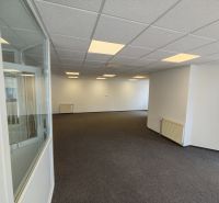 An office interior with white walls, gray carpet, and floor radiators.