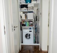 Storage space with a washing machine in a 2-room apartment and a floor with a wooden decor.