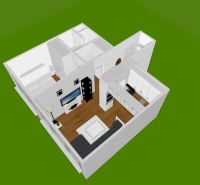 Design of a 2-room apartment with a wooden decor floor and an open interior layout.