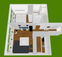 Floor plan of a 2-room apartment with wood-patterned flooring and furniture arrangement.