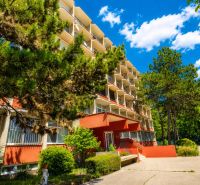 Apartment building on Vlčie Hrdlo Street in Bratislava - Ružinov surrounded by greenery and a parking lot.