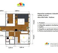 Floor plan of a 2-room apartment on Vlčie Hrdlo in Ružinov, with a wooden decor floor.