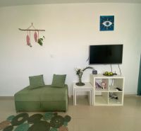 Living room in a one-room apartment with a green sofa and a television on the wall.
