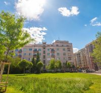 Park surrounded by apartment buildings in Bratislava - Staré Mesto, Krížna Street.