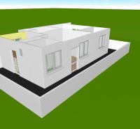 3D model of a two-story house with white walls on a green background.