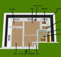 Floor plan of a 2-room apartment with a room, kitchen, bathroom, terrace, and flooring with a wooden decor.