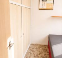 A bedroom in a 3-room apartment with a carpet and a wardrobe.
