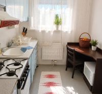 A kitchen in a 3-room apartment with a gas stove, dining table, and rug.