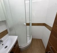 A bathroom with a shower and a floor with a wooden decor in a 2-room apartment.