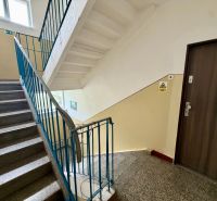 Interior of a staircase with blue railing near a 2-room apartment, with doors featuring a wooden decor.