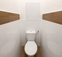 A toilet in a 2-room apartment with wood and white decor tiles.