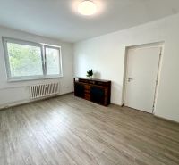 A room in a 2-room apartment with a wooden decor floor and simple furniture.