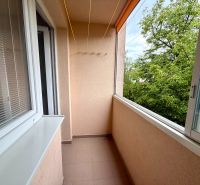 A balcony with glazing and a view of greenery in a 2-room apartment.