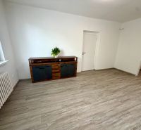2-room apartment with a wooden decor floor and a wooden chest of drawers by the wall.