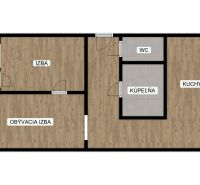 Floor plan of a 2-room apartment with a loggia, kitchen, and floor with a wooden decor.
