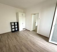 A room in a 2-room apartment with furniture and a wooden decor floor.
