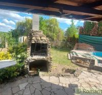 A garden with a cottage in Holíč, a fireplace, and a pool surrounded by greenery and a stone terrace.