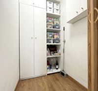 Storage space with white cabinets and shelves, wooden decor flooring in a 3-room apartment.