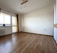 Living room with wood-patterned flooring, white walls, and a large window in a 3-room apartment.
