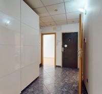 Entrance hallway with a white wardrobe and dark tiles in a 4-room apartment.