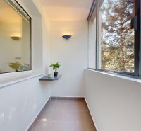 A glazed balcony in a 4-room apartment with flower pots and a view of trees.