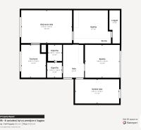 Floor plan of a 4-room apartment with a loggia, bathroom, and kitchen, for rent.