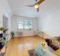 Living room in a 4-room apartment with decorative plants and a wooden decor floor.