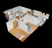 3D floor plan of a 4-room apartment with white walls and floors with a wood decor.