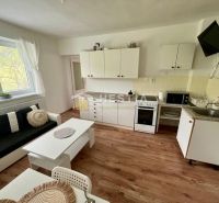 A kitchen in a family house with a wooden decor floor and white furniture.