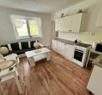 A kitchen in a family house with a wooden decor floor, white furniture, and a sofa.