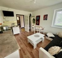 A kitchen in a family house with white furniture and a wooden decor floor.