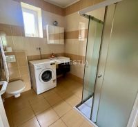 Bathroom in a family house with a washing machine, shower, and toilet.