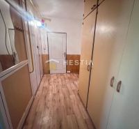 A hallway with built-in wardrobes and a floor with a wooden decor in a 3-room apartment.