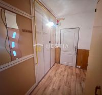 Hallway in a 3-room apartment, wooden decor flooring, built-in wardrobe with mirrors.