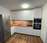 A kitchen in a 2-room apartment with a white kitchen unit and a floor with a wood decor.
