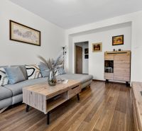 Living room in a 3-room apartment with a gray sofa and a floor with a wooden decor.